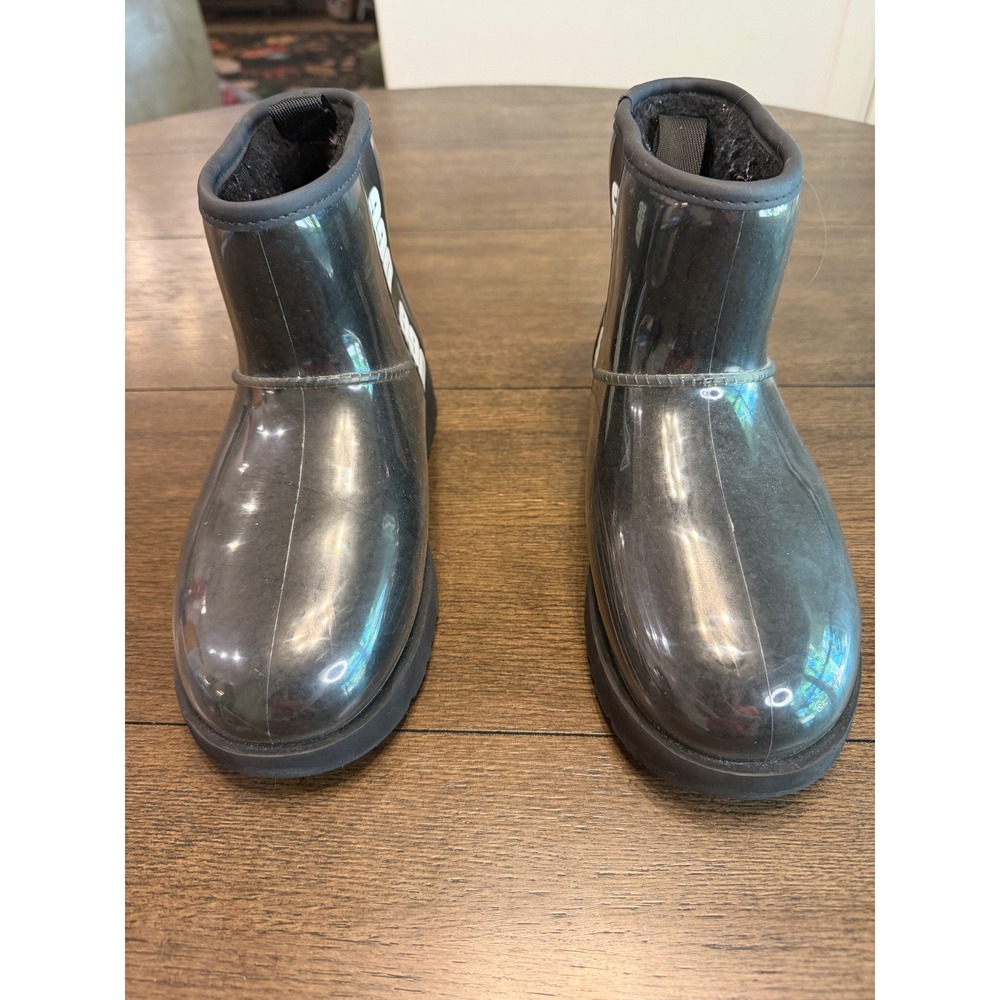 UGG Classic Clear Mini Waterproof Rain Boots‎ Black Women's Size 7 Fur Lined